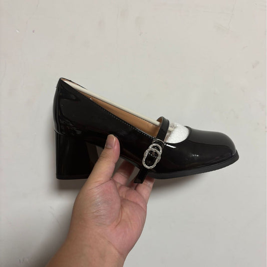 Black Chunky High Female Square Toe Leather Shoes