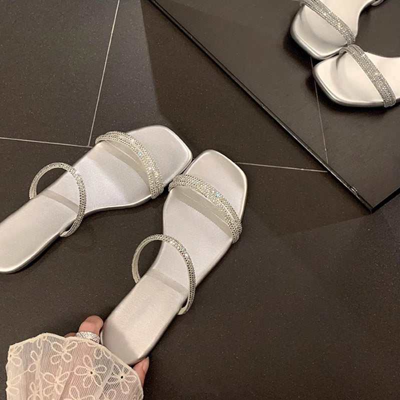 Women's Sier Broken Flash Square Toe Rhinestone Flat Sandals