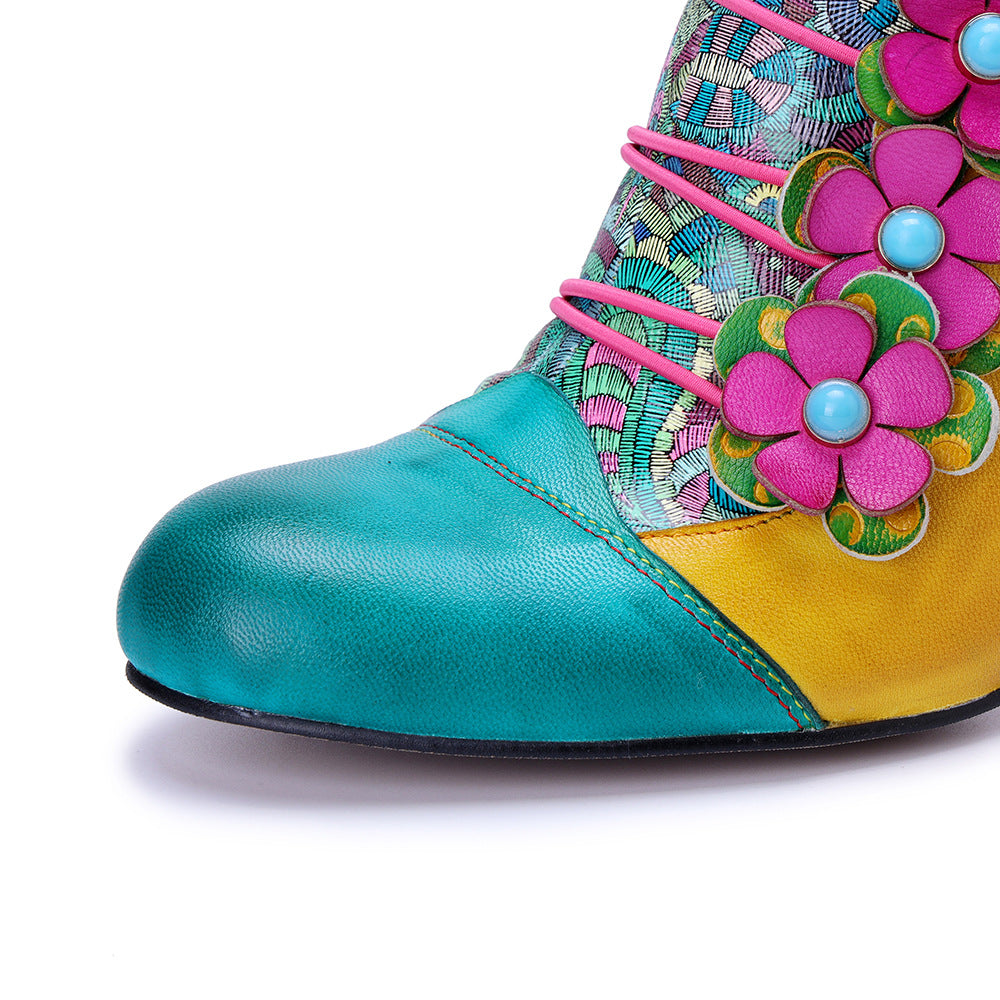 Color Matching Three-dimensional Flower Side Zipper Chunky Women's Fashion Shoes