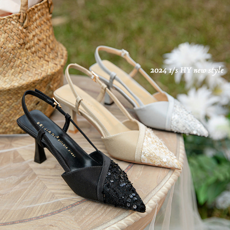 Women's Stitching Closed Toe Sheepskin Pointed Back Sandals