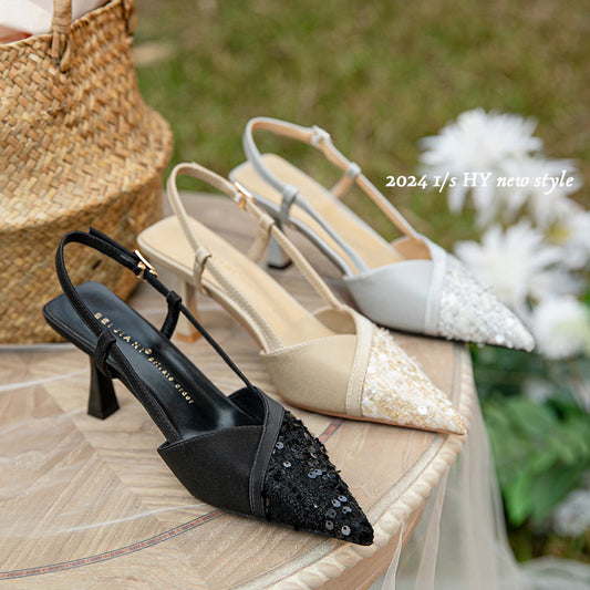 Women's Stitching Closed Toe Sheepskin Pointed Back Sandals