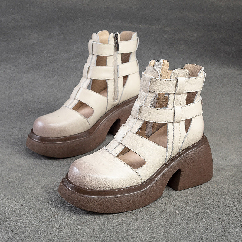 Women's Hole Hollow Side Zipper Top Layer Cowhide Round Heels