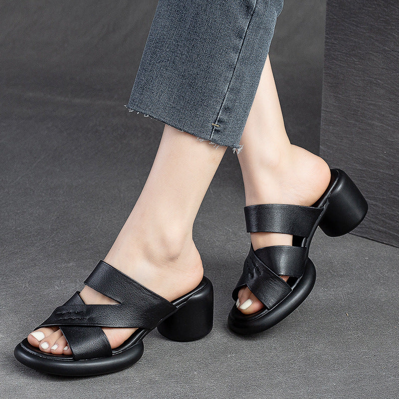 Women's Hollow Breathable High Top Layer Cowhide Heels