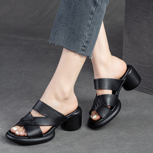 Women's Hollow Breathable High Top Layer Cowhide Heels