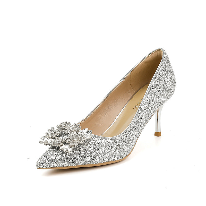 Women's Sier Wedding Autumn Chinese Bridal Gown Crystal Square Heels