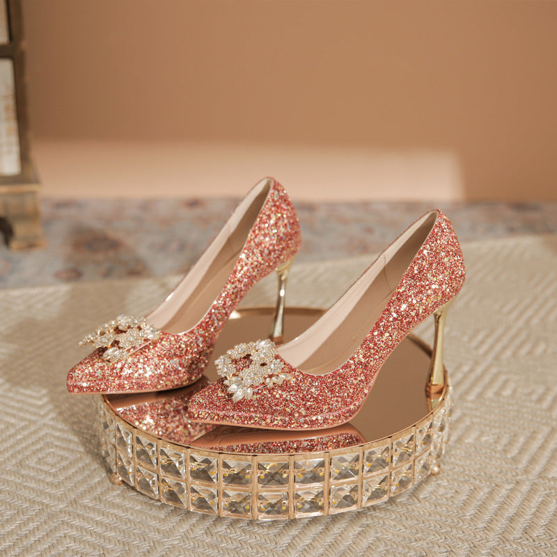 Wedding Waterproof Platform Rhinestone Square Buckle Women's Shoes