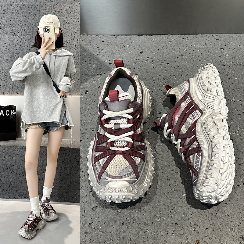 Women's Paris Retro Rub Colored Distressed Red Dad Autumn Thick Bottom Women's Sports Shoes