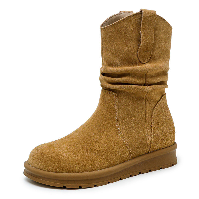 Women's Pleated Booties Retro Lazy Style Pile Round Toe Boots