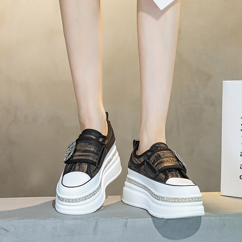 Women's Velcro Small White Autumn Thick Bottom Increased Rhinestone Board Women's Casual Shoes