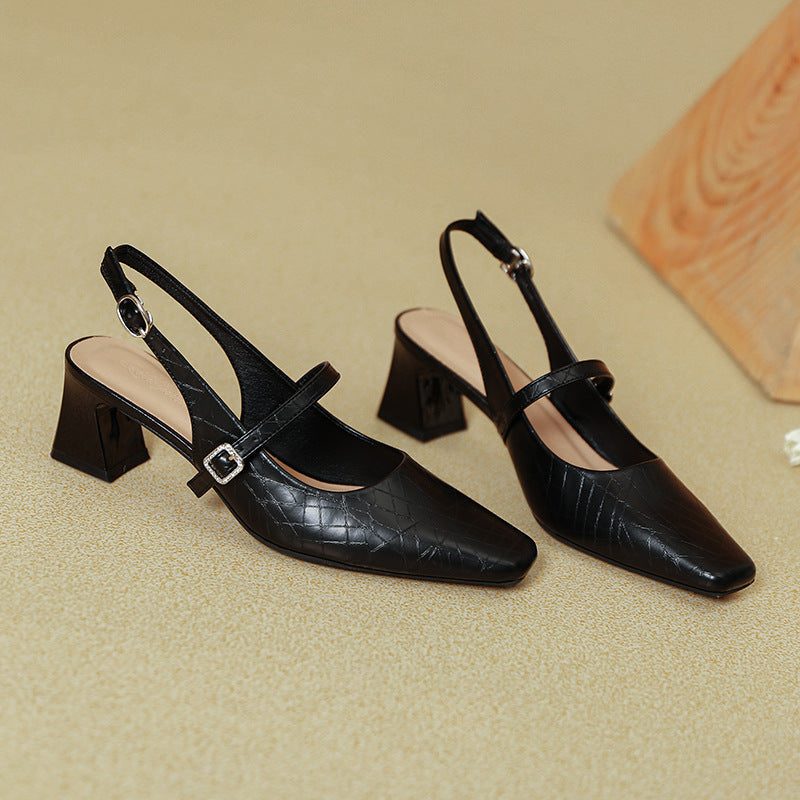 Women's French Mary Jane Closed Toe Chunky Heels