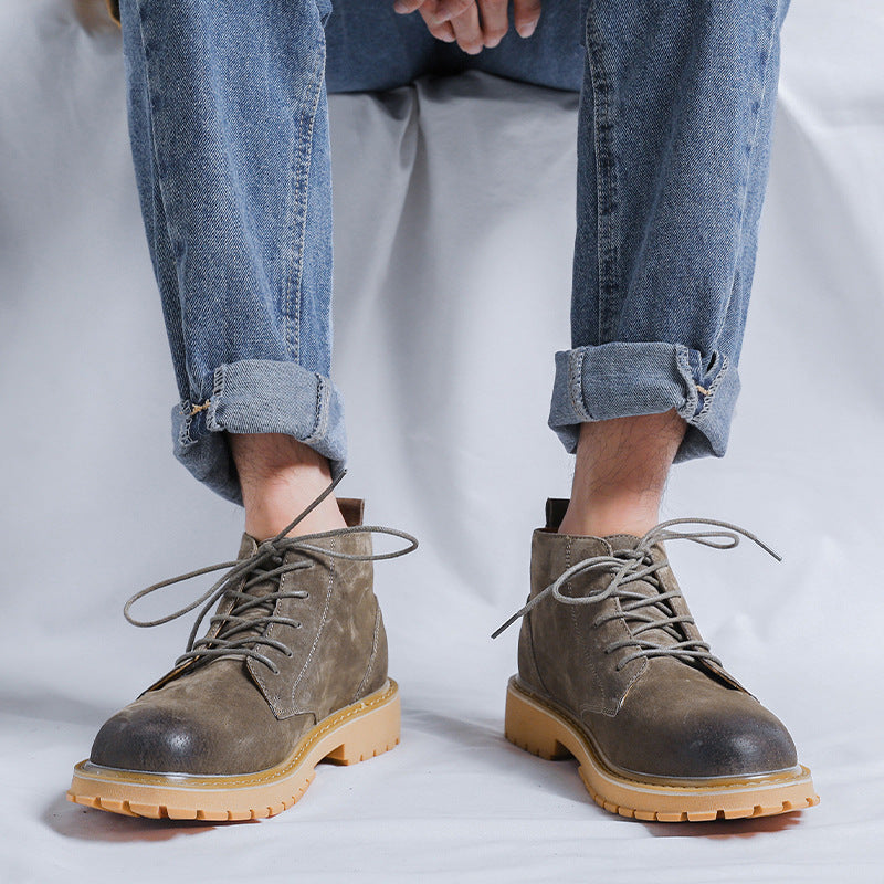 Men's Green Round Head Pigskin Thick Bottom Fashion Boots