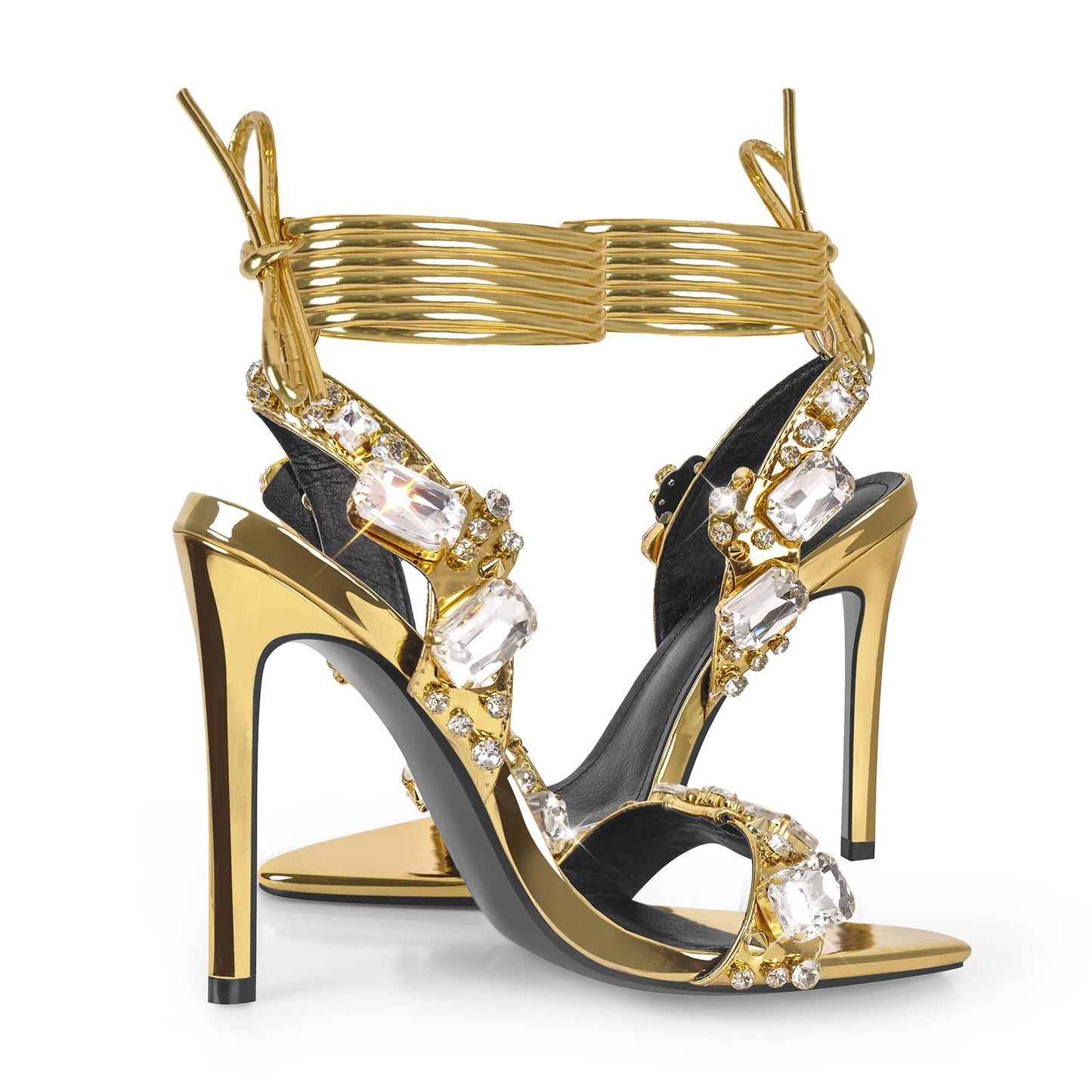 Pointed Toe Golden Rivet Rhinestone Stiletto Summer Heels