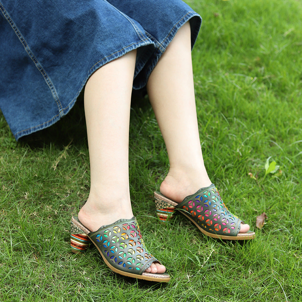 Handmade Genuine Brushed Retro Colorful Hollow Sandals