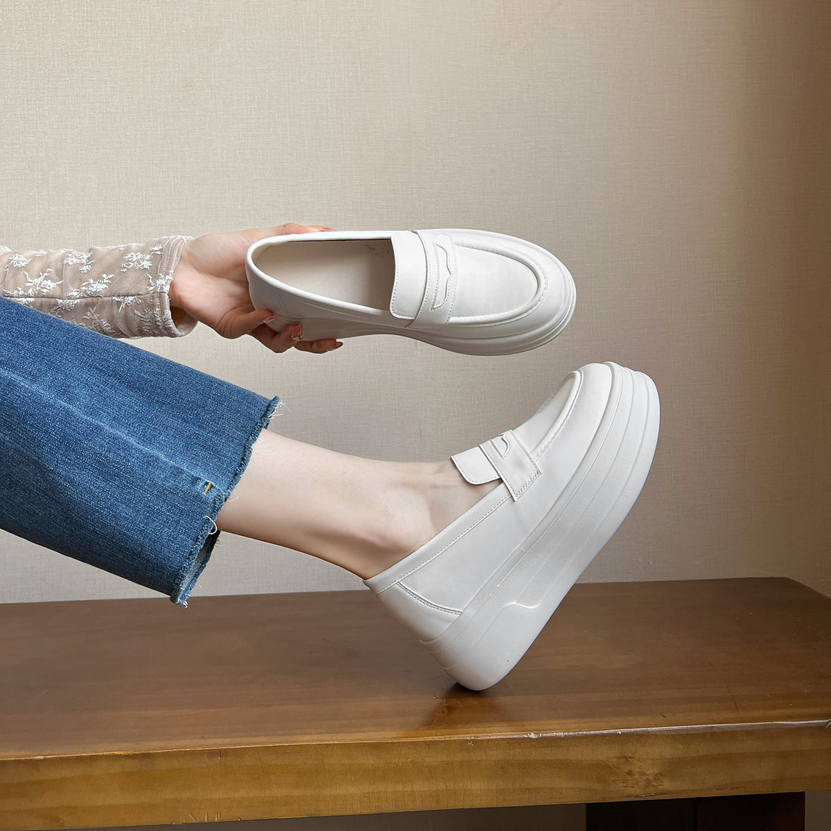 Women's Height Increasing Insole Versatile Style White Slip-on Thick Sneakers
