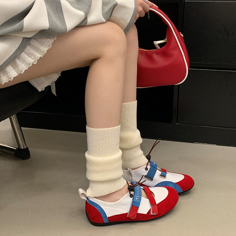 Women's Color Matching Flat Mary Jane Velcro Soft Bottom Low-cut Sneakers