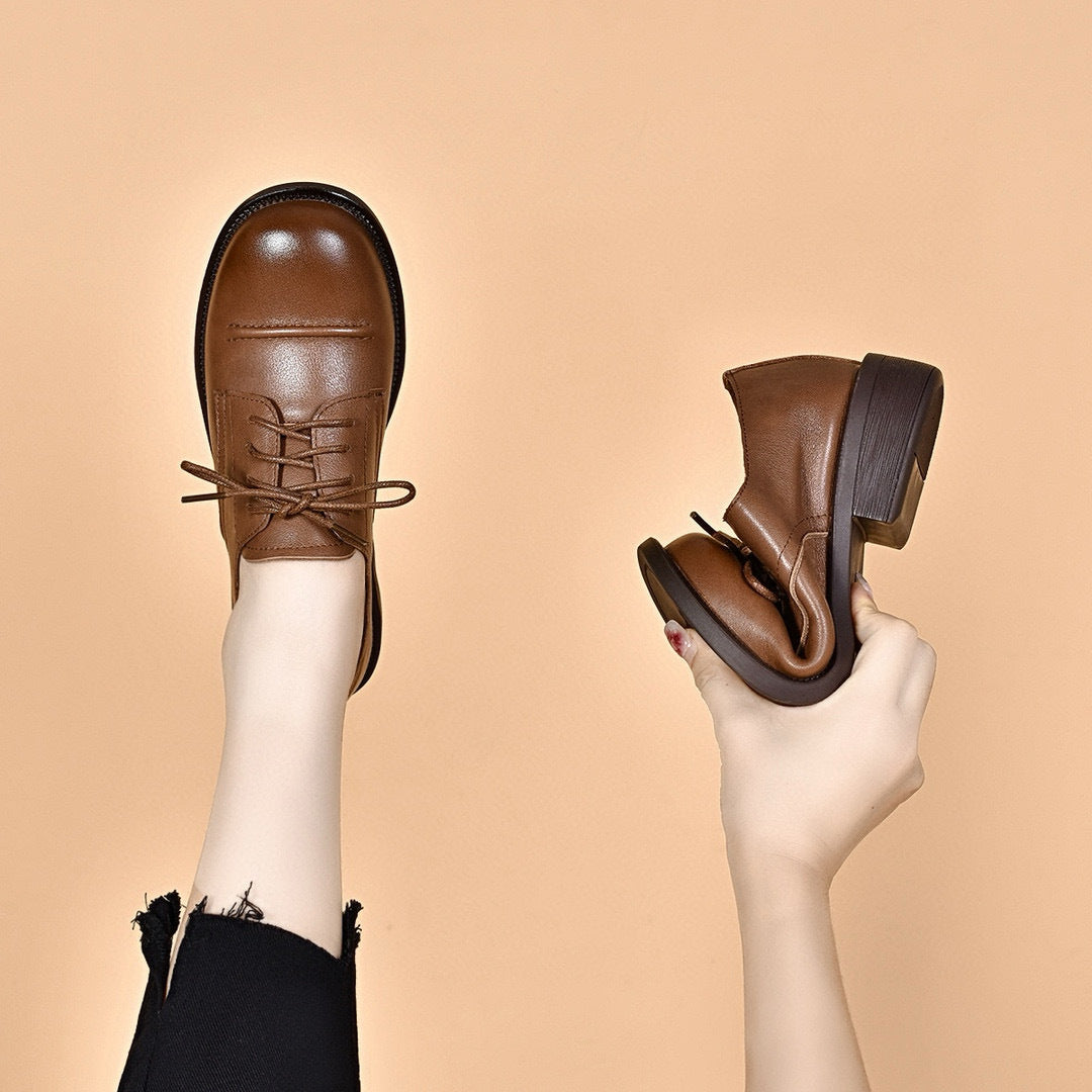 Women's British Style Flat Top Layer Cowhide Loafers