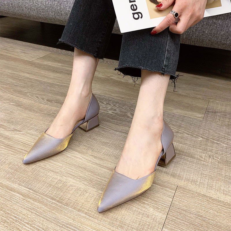 Women's French Style Hollowed Summer Mid Chunky Closed Heels