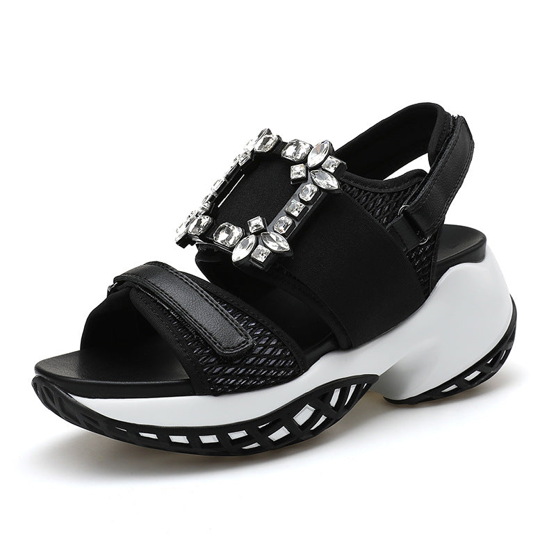 Women's Summer Rhinestone Square Buckle Platform Velcro Sandals