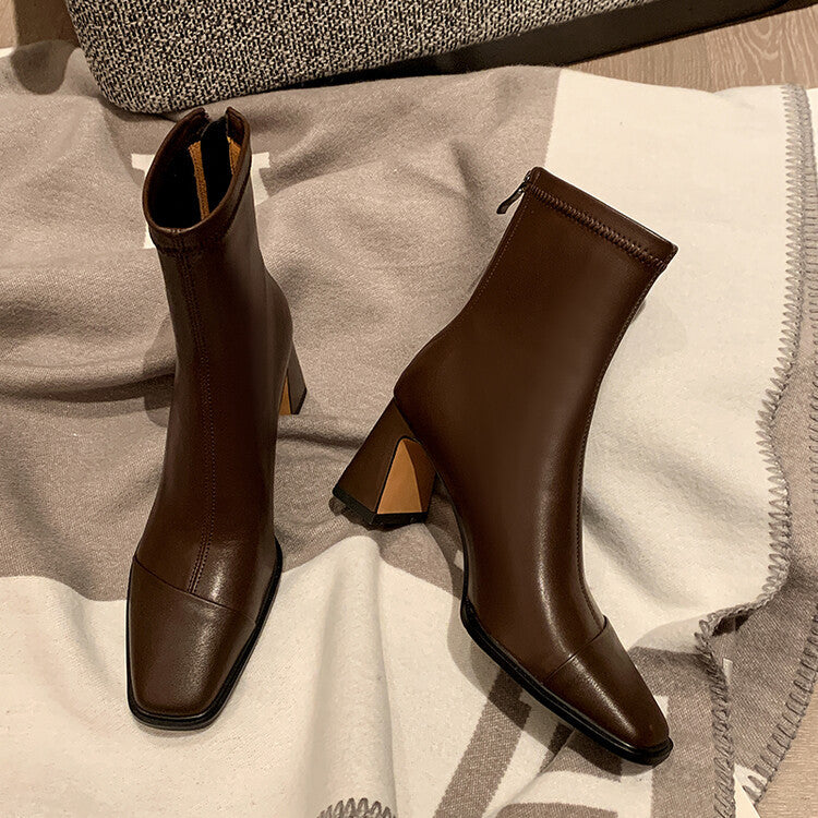 Women's Style Square Toe Chunky Brown Booties Single Back Zipper Boots