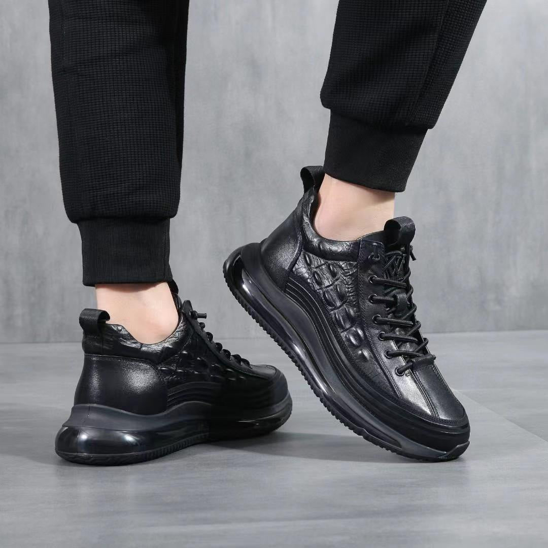 Men's Top Layer Cowhide High Air Cushion Soft Bottom Crocodile Men's Casual Leather Shoes
