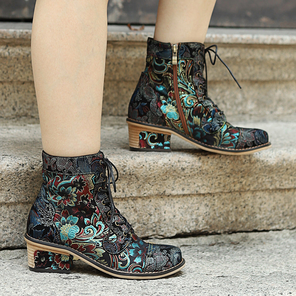Women's Retro Printed Chinese Style Embroidery Stitching Boots