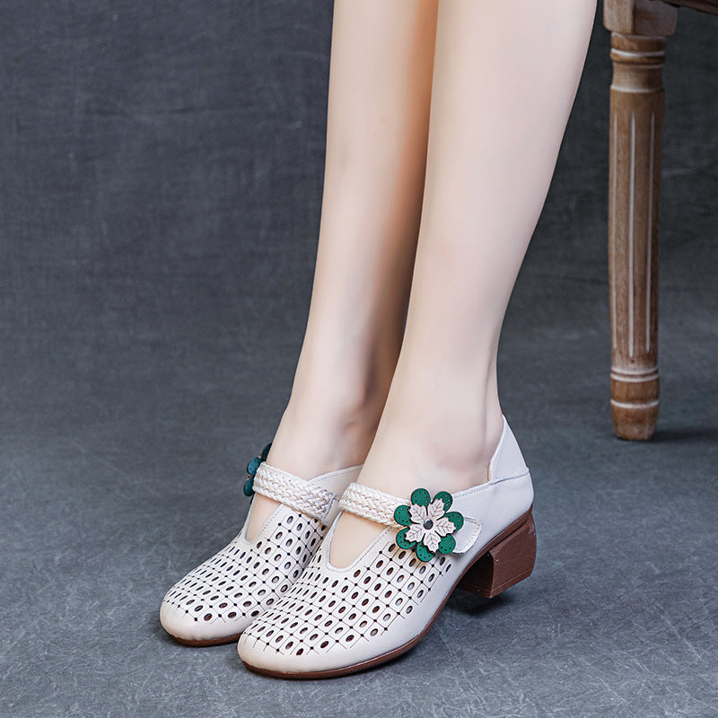 Women's Thick Soft Bottom First Layer Cowhide Retro Style Heels