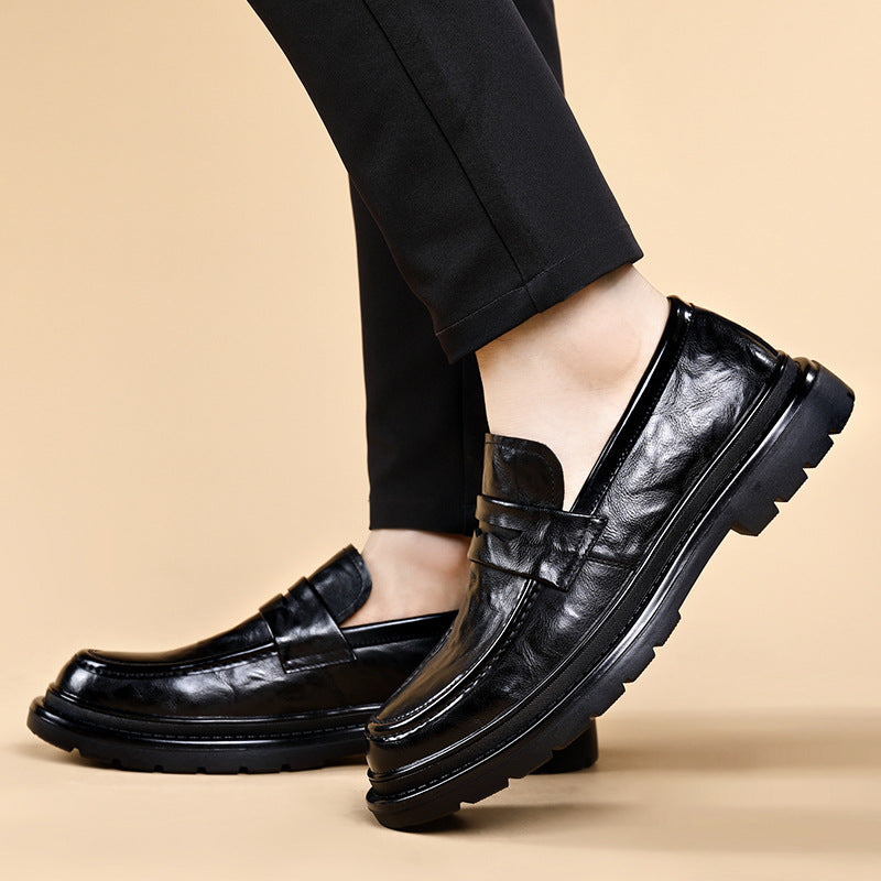 Men's Lazy Round Toe Grip Pattern Thick Leather Shoes