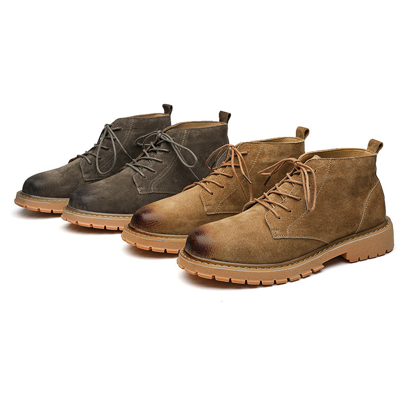 Men's Green Round Head Pigskin Thick Bottom Fashion Boots