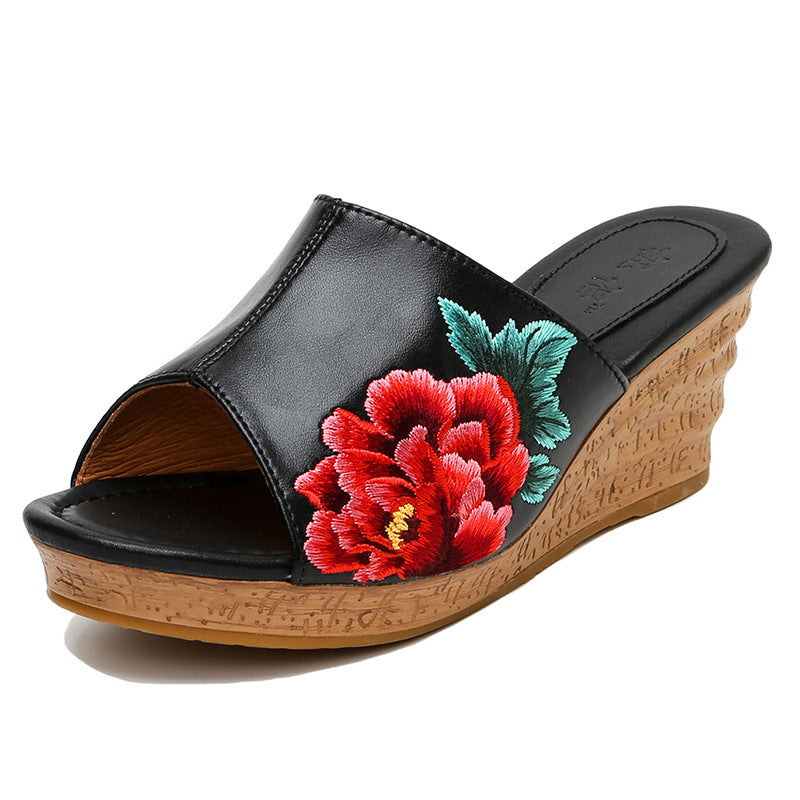 Women's Peony Embroidered Summer High Peep Toe Heels