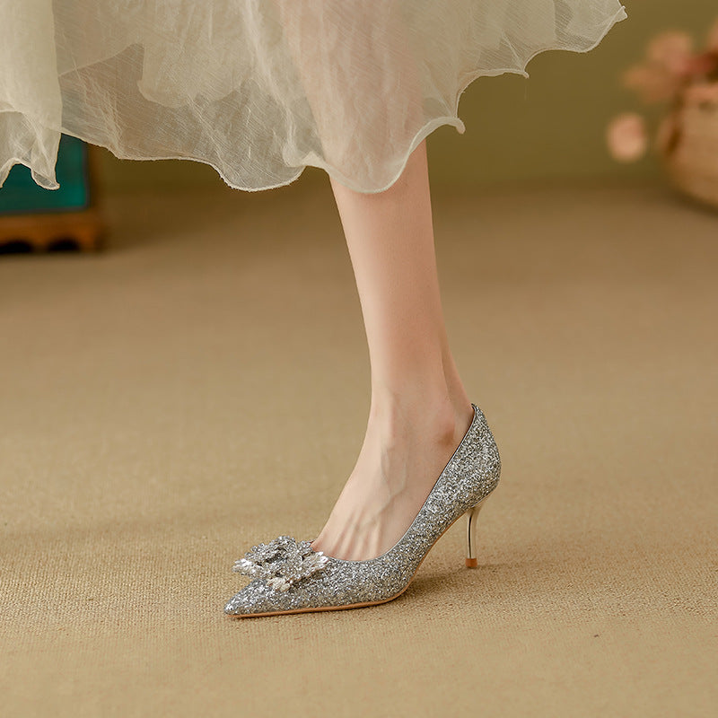 Women's Sier Wedding Autumn Chinese Bridal Gown Crystal Square Heels