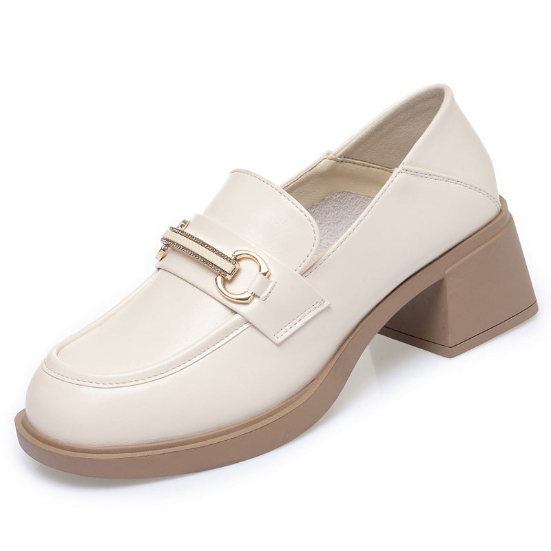 Soft Bottom Mid Mom British Style Slip-on Black Single-layered Women's Fashion Shoes