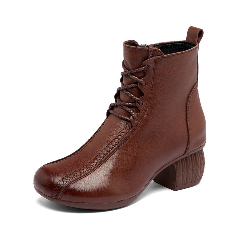 Women's Thick Fleece-lined Short Top Layer Cowhide Round Heels