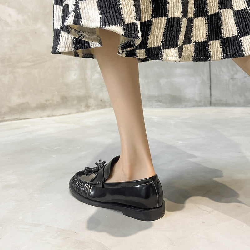 Women's British Patent Tassel Woven Round Toe Pumps Leather Shoes