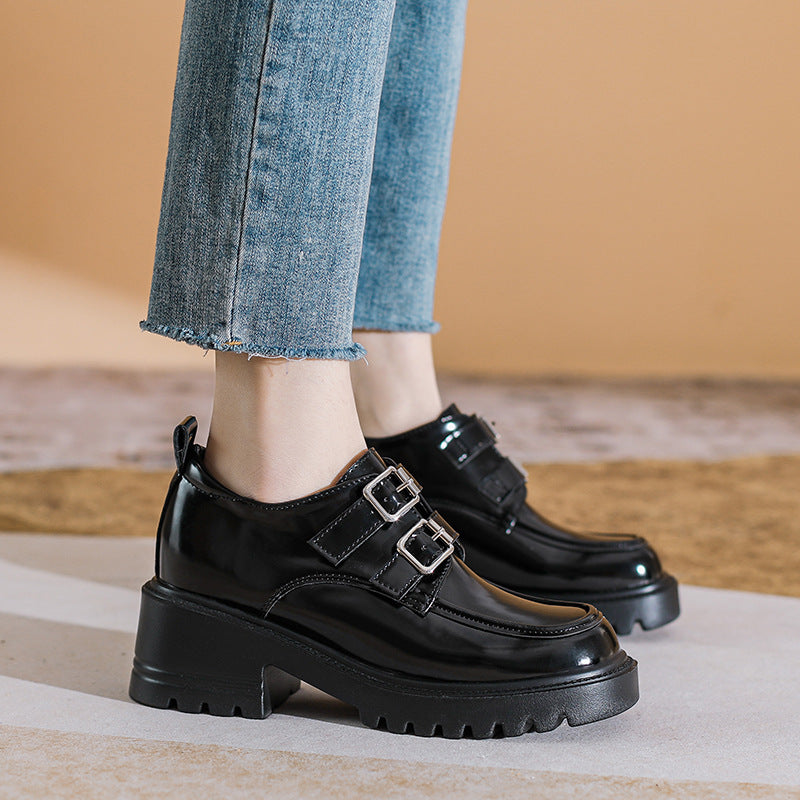 Women's Single Metal Double Buckle Glossy British Loafers