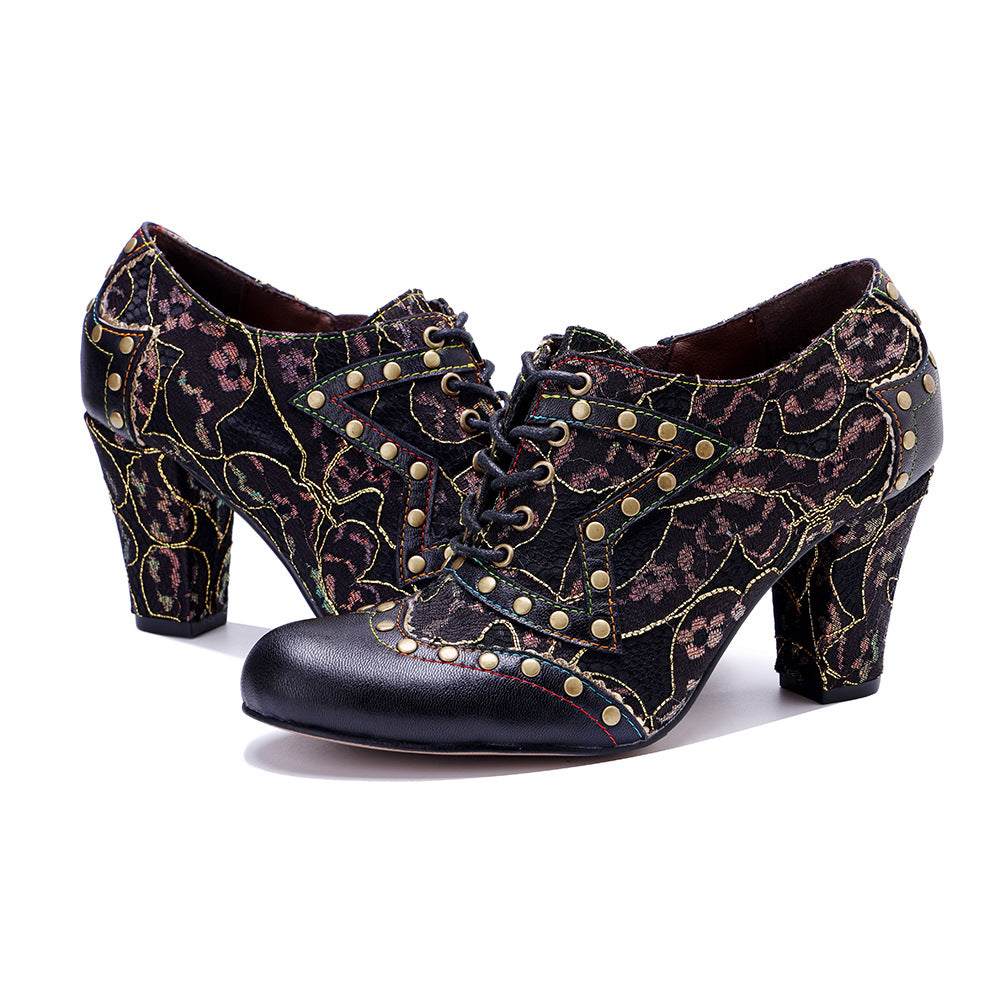 Women's Handmade Genuine Brushed Stitching Rivet Retro Heels