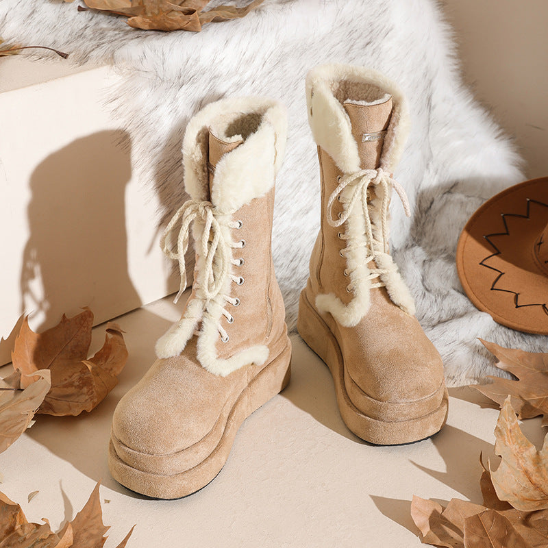 Women's Platform Fleece-lined Knight Thermal Middle Tube Snow Boots