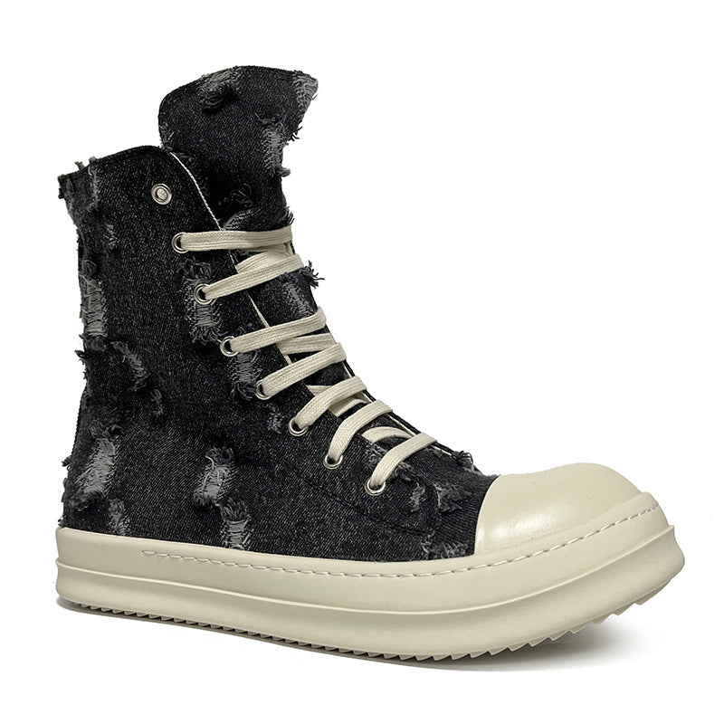 Women's & Men's Spring Ripped Denim Black White Milk Canvas Shoes