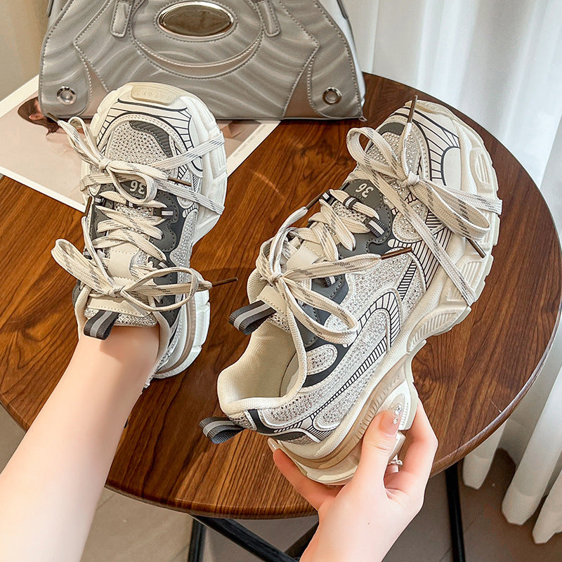 Women's Rhinestone Genuine Paris Dad Thick Bottom Sneakers