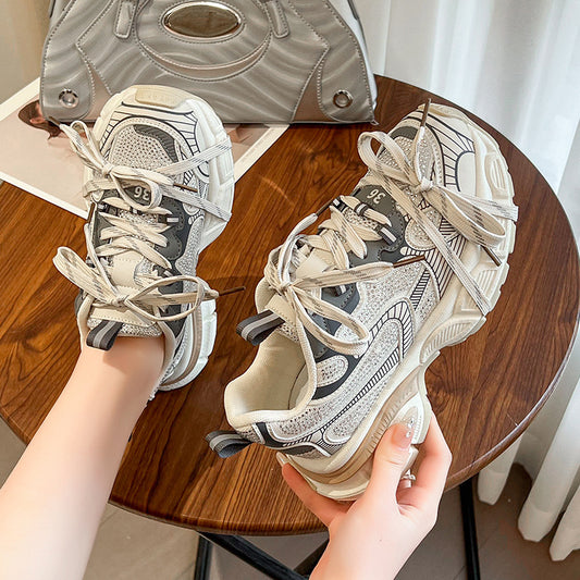 Women's Rhinestone Genuine Paris Dad Thick Bottom Sneakers