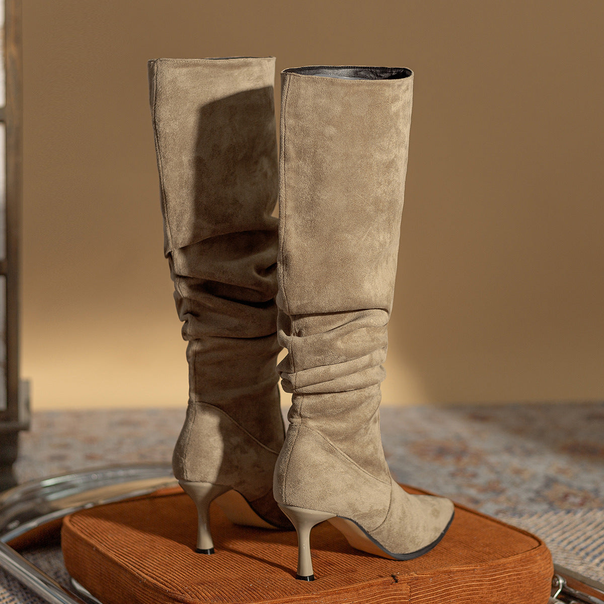 Women's Plus Veet Pointed Pile Style Stiletto Long-heeled Boots