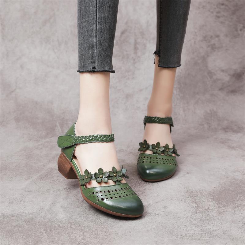 Women's Ethnic Style Thick Mid Punching Hollow Sandals