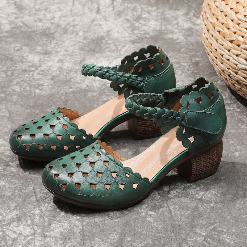 Women's Hollowed Heart Punch-hole Thick Mid Soft Heels