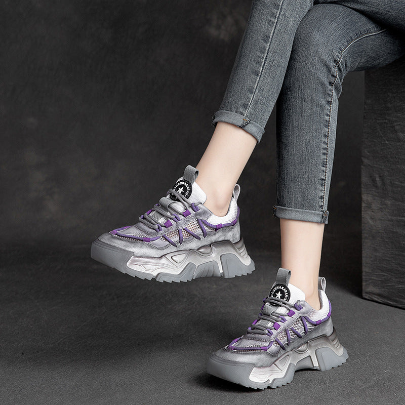Women's First Layer Cowhide Platform Mesh Breathable Contrast Sandals