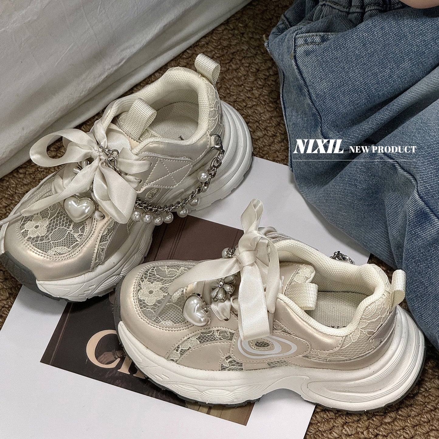 Dad Pearl Lace Screen Sier Chain Kid's Sneakers
