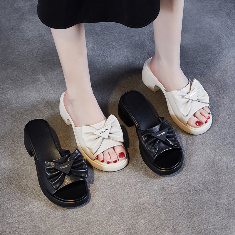 Women's Layer Cowhide Bowknot For Summer Outer Heels