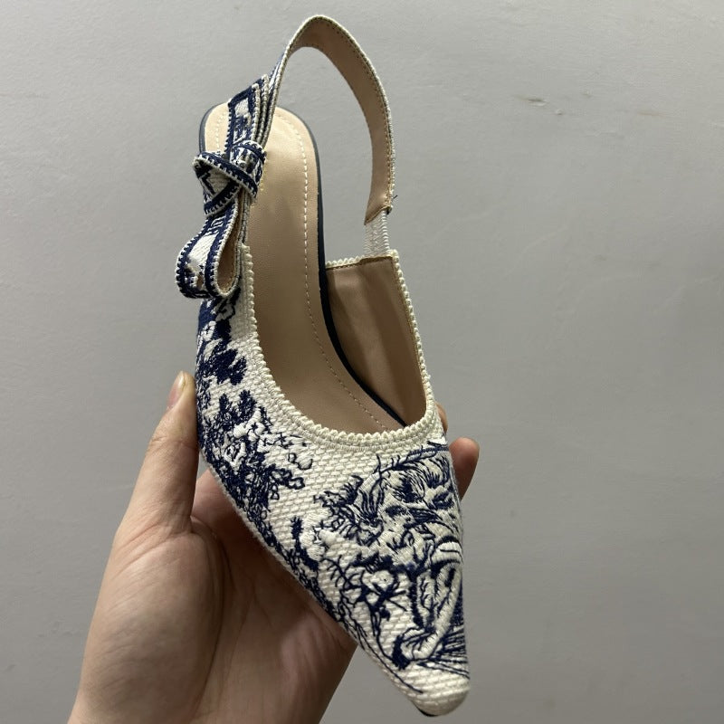 Women's Embroidered Strap Stiletto Pointed Toe Slingback Heels