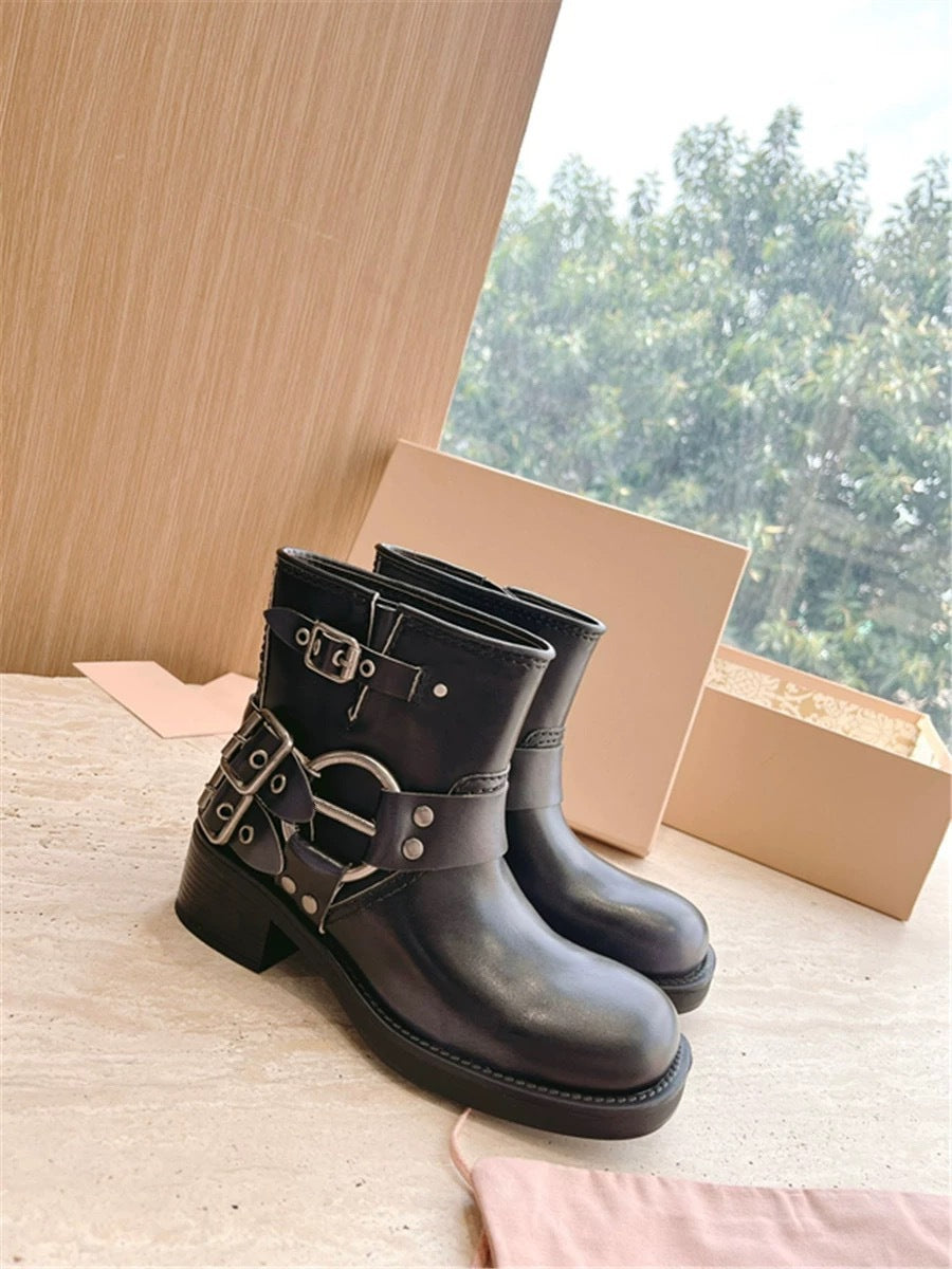 Women's Denim Metal Belt Buckle Booties Mid Boots