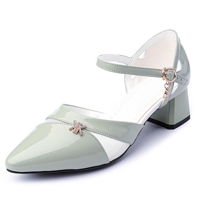 Women's Pointed Toe Chunky Closed Patent Cowhide Heels