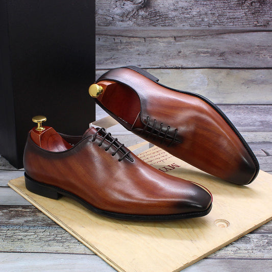 Men's High-grade Cowhide Gray Brown One Piece Handmade Wedding Banquet Leather Shoes