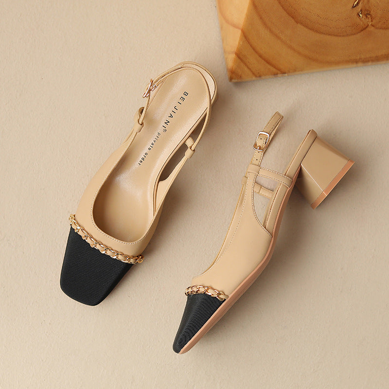 Women's Temperament Chain Color Matching Mid Summer Closed Toe Chunky Heels